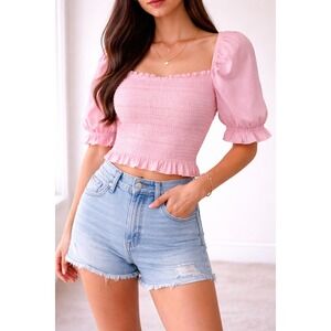 Dolan Left Coast Smocked Top Women Medium Pink Puff Sleeve Ruffle Square Neck